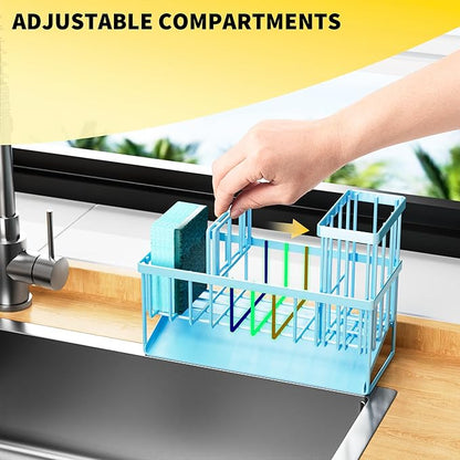 Cisily Blue Kitchen Sink Caddy Organzier with High Brush Holder, Sponge Holder for Sink, 304 Rustproof Stainless, Kitchen Countertop Soap Dispenser Organizer, Blue Home Decor and Accessories