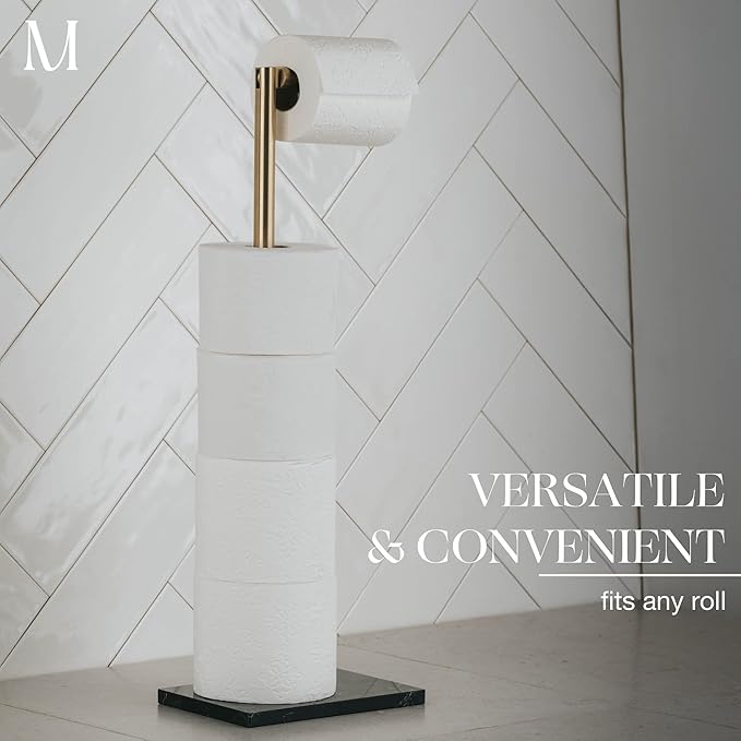 MARMOLUX ACC Free Standing Gold Toilet Paper Holder Stand with Black Marble Base and Storage | 4 Jumbo Roll Bathroom Hardware Toilet Tissue Organizer | Stainless Steel Bathroom Decor Accessory