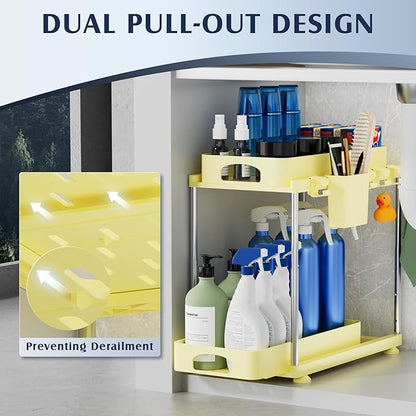 VERIFOST 2 Pack Under Sink Organizers and Storage, Height Adjustable Bathroom Cabinet Organizer, 2 Tier Under Sink Organizer with Hooks, Under Cabinet Organizer for Kitchen Bathroom (Yellow