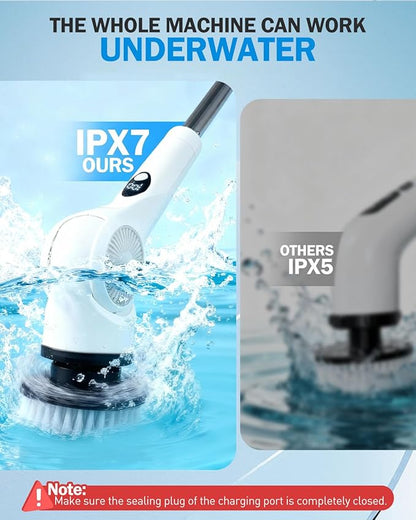 Electric Spin Scrubber, 3-Speed Cordless Shower Scrubber with 90° Adjustable & 10 Replaceable Brush Heads, 90 Mins Runtime & Full-Body IPX7 Waterproof Shower Cleaner Brush with Long Handle