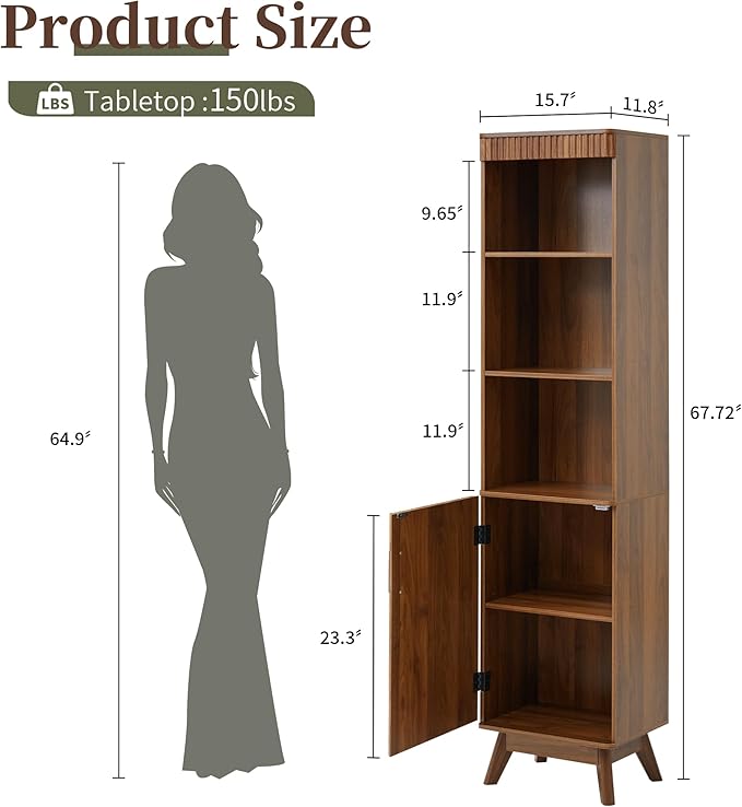 68" Tall Bathroom Storage Cabinet,Narrow Fluted Tower Cabinet with Door and Shelves,Slim Space Saving Storage Unit for Bathroom Kitchen Living Room (Walnut, 11.8" D x 15.75" W x 68" H)