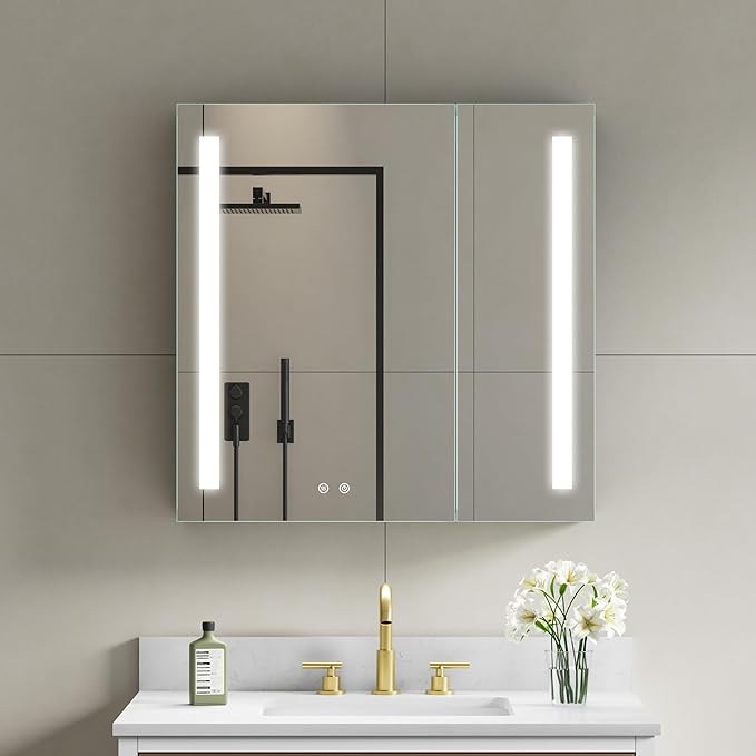 WELLFOR 30" X 30" LED Medicine Cabinet with Mirror, Double Opening Door, Recessed or Surface Cabinet Mirror, Bathroom Mirror Cabinet, Medicine Cabinet with Lights with Outlets & USB Ports