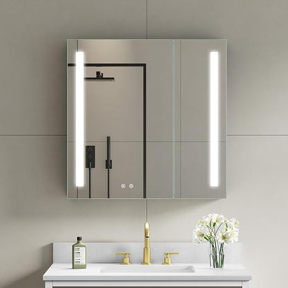 WELLFOR 30" X 30" LED Medicine Cabinet with Mirror, Double Opening Door, Recessed or Surface Cabinet Mirror, Bathroom Mirror Cabinet, Medicine Cabinet with Lights with Outlets & USB Ports