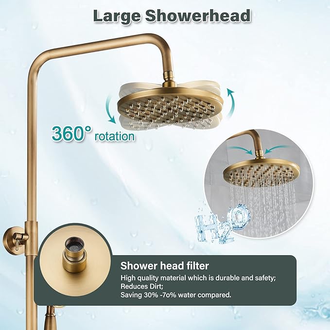 NeierThodore Antique Brass 8-Inch Bathroom Shower Faucet System Rainfall Shower Head Wall-Mounted Dual Cross Handle Bathtub Shower Mixer Tap with Hand Sprayer