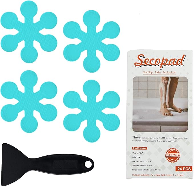Bathtub Stickers Non-Slip, 24 PCS Safety Shower Treads Adhesive Appliques with Premium Scraper (Blue)