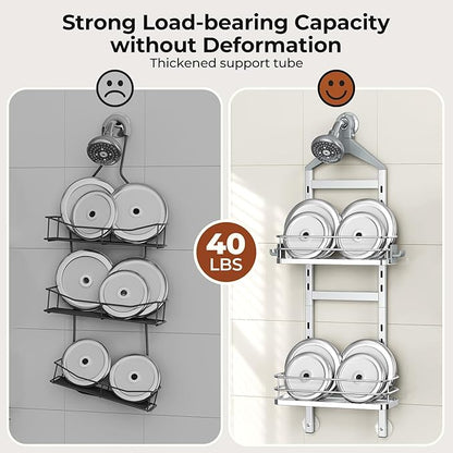 Orimade Aluminum Hanging Shower Caddy Over Head, Adjustable Bathroom Shelf with Hooks, Anti-Slip Rustproof Organizer Storage Rack Basket, Silver, 2 Tier