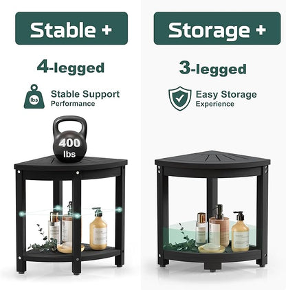 Waterproof Corner Shower Stool for Inside Shower, Poly Lumber Shower Bench Seat Chair, Bath Shower Stool for Shaving Legs Foot Rest with Storage Shelf, Adjustable & Non-Slip Feet, Black