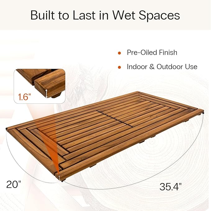 StrongTek Large Teak Bath Mat, 35.4" x 20" Solid Wood Shower Mat with Slatted Design, Pre-Oiled & Water-Resistant, Non-Slip Mat for Bathroom, Spa, and Outdoor Use