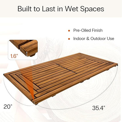 StrongTek Large Teak Bath Mat, 35.4" x 20" Solid Wood Shower Mat with Slatted Design, Pre-Oiled & Water-Resistant, Non-Slip Mat for Bathroom, Spa, and Outdoor Use