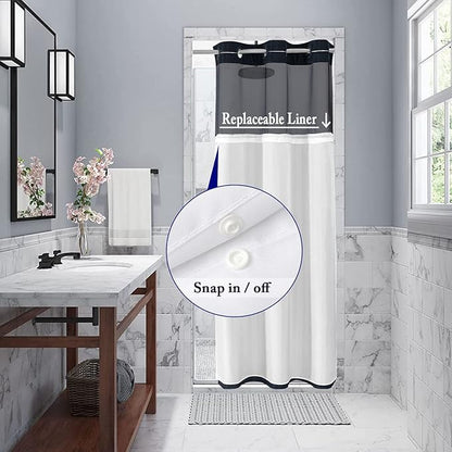 Gibelle Stall Small Shower Curtain 36x74, Waffle Weave Shower Curtain with Snap-in Fabric Liner Set, No Hooks Needed, Hotel Style with Mesh Top Window, Navy Blue
