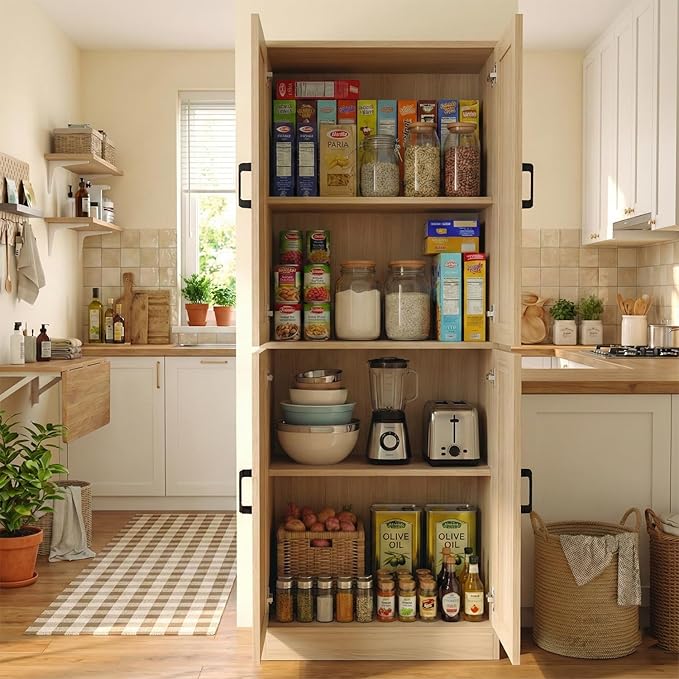71" Tall Kitchen Pantry Cabinet, Freestanding Food Storage Organizer with Doors & Adjustable Shelves, Large Utility Hutch Cupboard for Dining Room, Living Room, Bathroom & Home Office, Oak