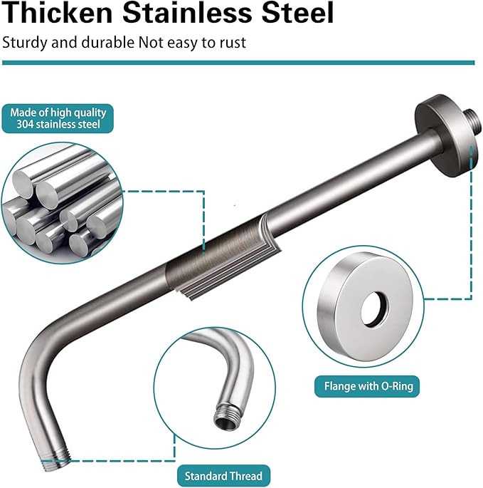 16 Inch Shower Arm with Flange,Stainless Steel 90 Degree Rain Shower Head Extension Arm,Wall-Mounted Shower Head Arm for Fixed Shower Head,Brushed Nickel