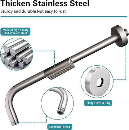 16 Inch Shower Arm with Flange,Stainless Steel 90 Degree Rain Shower Head Extension Arm,Wall-Mounted Shower Head Arm for Fixed Shower Head,Brushed Nickel