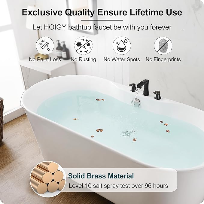 Waterfall Bathtub Faucet Oil Rubbed Bronze, Brass Bath Tub Faucet Set 3 Hole, 8 Inch High Flow Roman Tub Faucet, 2 Handle Deck Mount Bathtub Faucets Widespread with Water Hose for Farmhouse