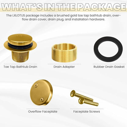 LXLTOUS Brushed Gold Toe Tap Bathtub Trim Set with Two-Hole Overflow Faceplate, Replacement Brass Tub Drain Kit with 2-Hole Overflow Cover and Universal Fine/Coarse Thread, Fits 1-3/8" and 1-1/2"
