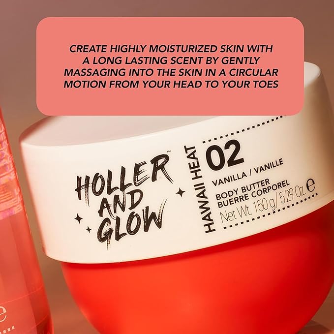 Holler And Glow Hawaii Heat Vanilla Body Butter, Body Butter For Women, Smells Good, Body Lotion For Extremely Dry Skin, Moisturizing, Nourishing, Shea Butter, Peony, Amber Scented, 5.29 Oz
