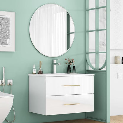 32" Wall Mounted Bathroom Vanity with Sink, High Gloss White Floating Cabinet, Modern Gold Handles, 2 Soft Close Drawers, Integrated Ceramic Top for Powder Room