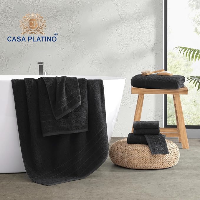Casa Platino 100% Mercerized Cotton Luxury Bathroom Towels Set - 8 Piece - Ring Spun - 2 Bath, 4 Washcloths, 2 Hand Towels - Remains Soft & Absorbent Even After Multiple Washes - Midnight Black