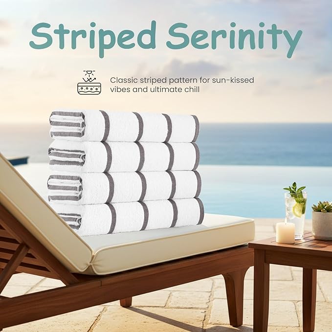 CASA COPENHAGEN Cabana Pool 2 Pieces Large Bath Sheet Set 70" x 35", 550 GSM, Designed in Denmark, Made of Soft Egyptian Cotton for Bathroom, Beach & Shower - White Grey Stripe