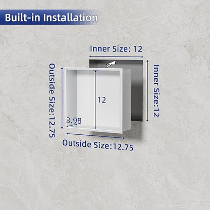 No Tile Needed Shower Niche - 12"x12" White 304 Stainless Steel Recessed Shelf,Over Mount Installation for Bathroom & Shower Wall,Waterproof