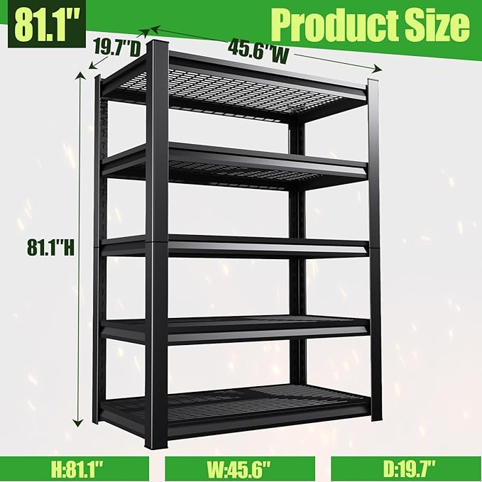 Garage Shelving,Heavy Duty Garage Storage Shelves,Metal Shelving Unit,5 Tier Adjustable Steel Utility Shelf,Use for Basement,Warehouse, Pantry Closet,Black (81.1" H*19.67" D*45.67" W)