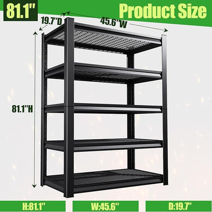 Garage Shelving,Heavy Duty Garage Storage Shelves,Metal Shelving Unit,5 Tier Adjustable Steel Utility Shelf,Use for Basement,Warehouse, Pantry Closet,Black (81.1" H*19.67" D*45.67" W)