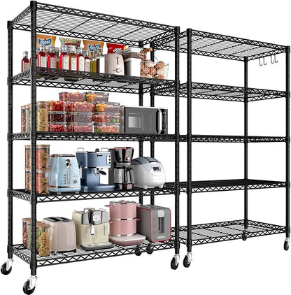PrimeZone 2 Packs 36" W x 16" D x 79" H Wire Storage Shelves with Wheels, 5 Tier NSF Certified Heavy Duty Adjustable Kitchen Shelving Unit, Pantry Organizer Rack Rolling Metal Shelf for Garage Closet