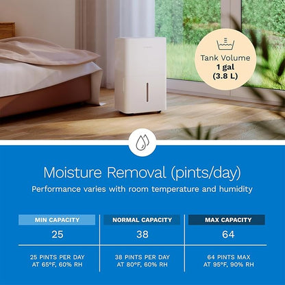 hOmeLabs Dehumidifier - Advanced Humidity & Moisture Control, Quiet, Efficient, Auto Shut-off, Ideal for Home, Basement, Office - 3,500 Sq Ft Wi-Fi (25 Pint MAX 64 Pint at 95°F, 90% RH)