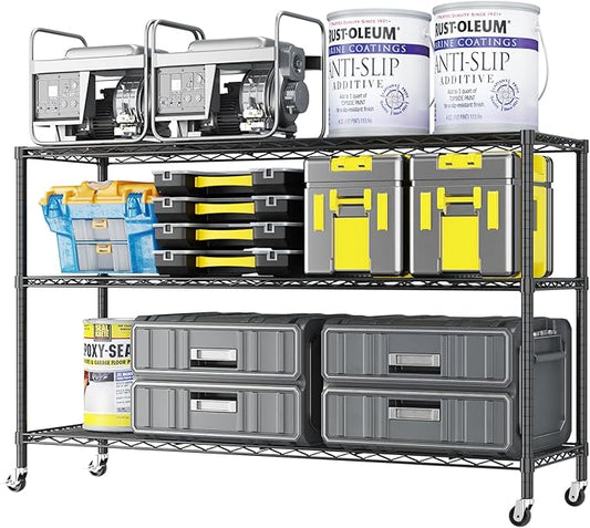 3 Tier Storage Racks Shelving, Heavy Steel Pantry Shelves, Adjustable Wire Shelving Rack with Wheels, Suitable for Garage, Kitchens, Offices, 46" W x 17.7" D x 41" H, Black