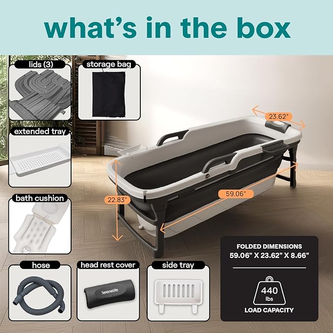 Serenelife 59" Portable Bathtub for Adults – Large Foldable Ice Bath Tub for Cold Plunge & Hot Spa, Freestanding Soaking Tub for Indoor/Outdoor, Athlete Recovery & Family Use, 440lbs Capacity