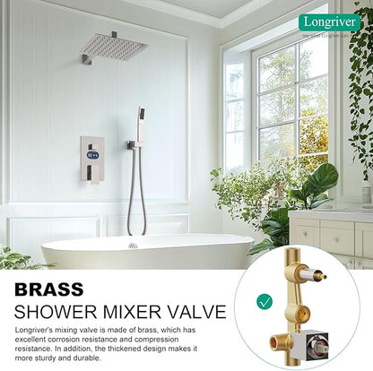 Shower Faucet Set with Hydro Power Temperature Display, Shower System Bathroom 12 Inches Shower Head with Handheld Spray, Wall Mounted Shower Fixtures with Shower Valve and Trim Kit, Brushed Nickel