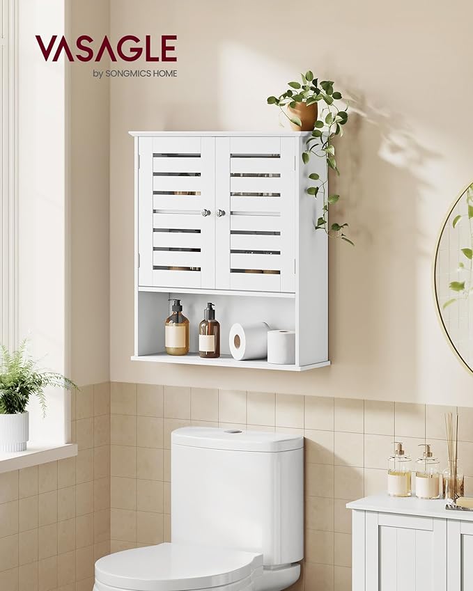VASAGLE Bathroom Wall Cabinet, Medicine Cabinet, Wall-Mounted Bathroom Storage Cabinet, with Adjustable Shelf, Double Slat Doors and Open Shelf, 7.9 x 23.6 x 27.6 Inches, White UBBK028W01