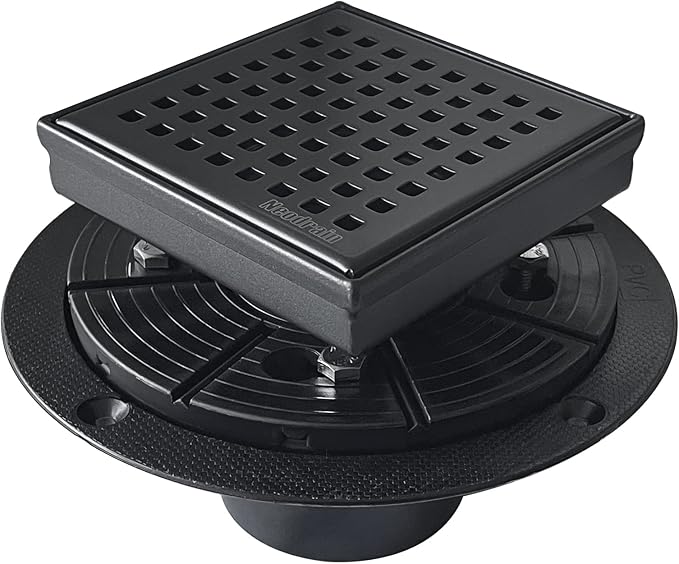 Neodrain 4-Inch Square Shower Drain with Removable Quadrato Pattern Grate, 304 Stainless Steel, Includes PVC Shower Drain Base&Hair Strainer, Shiny Black