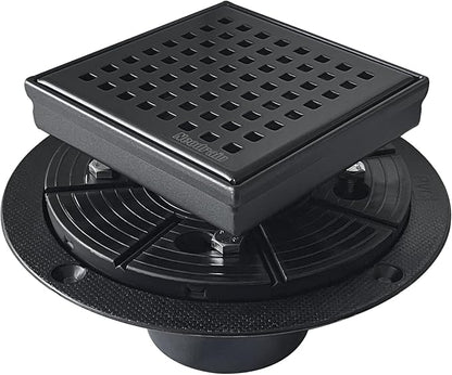 Neodrain 4-Inch Square Shower Drain with Removable Quadrato Pattern Grate, 304 Stainless Steel, Includes PVC Shower Drain Base&Hair Strainer, Shiny Black