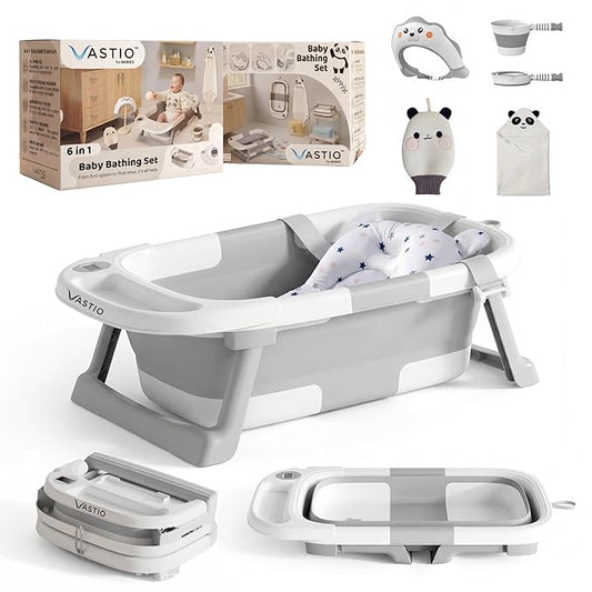 VASTIO™ 6-in-1 Collapsible Baby Bathtub Set – Foldable Baby Bath Tub for Newborn to Toddler, Portable Baby Bath Set with Cushion, Cap, Sponge, Rinse Cup & Towel – All-in-One Baby Bathing Essentials