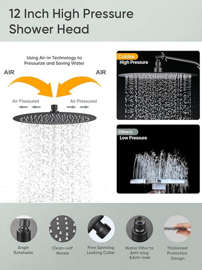 Cobbe 12 Inch All Metal Rain Shower Head, Dual Shower Heads with Handheld Spray Combo - Upgrade Extension Arm Height Adjustable - 9 Spray Filtered Shower Head, Black