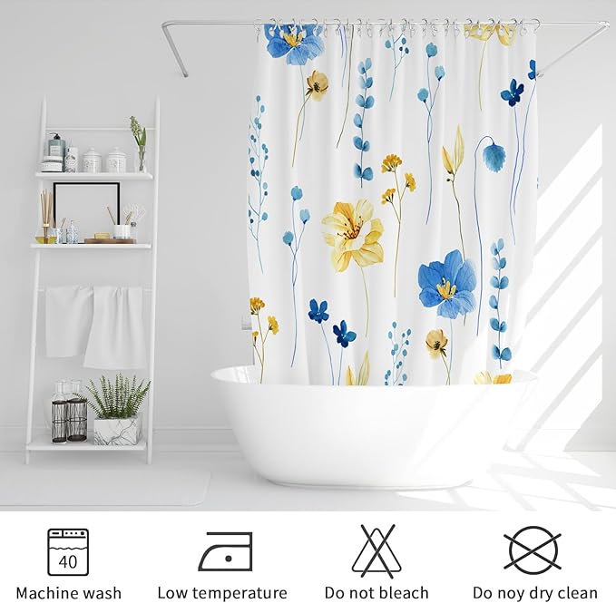 Gibelle Watercolor Floral Shower Curtain, Blue Yellow Flower Shower Curtain for Bathroom, Modern Minimalist Waterproof Fabric Shower Curtain Set 72x72 Inch