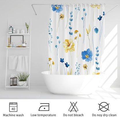 Gibelle Watercolor Floral Shower Curtain, Blue Yellow Flower Shower Curtain for Bathroom, Modern Minimalist Waterproof Fabric Shower Curtain Set 72x72 Inch