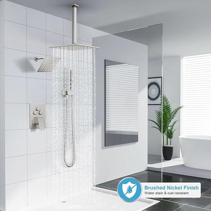 Shower Faucet Set Brushed Nickel Shower System, Ceiling Mount 12 Inch Shower Head With Wall Mount 6 Inch Shower Head and 2 in 1 Handheld Spray, Push Button Diverter Shower Valve Trim Kit