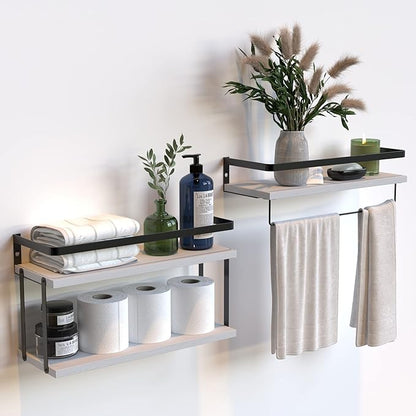 RICHER HOUSE 2+1 Tier Wall Mounted Floating Shelves Set of 2, Rustic Wood Wall Shelf with Metal Frame, Extra Storage Rack for Bathroom, Kitchen, Bedroom with Tissue Rack & Towel Bar - White