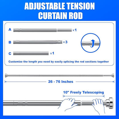 Ausemku Shower Curtain Rod Tension - 26-76 Inch Never Rust Non-Slip Spring Tension Curtain Rod No Drilling Stainless Steel Curtain Rod Use Bathroom Kitchen（Silver）