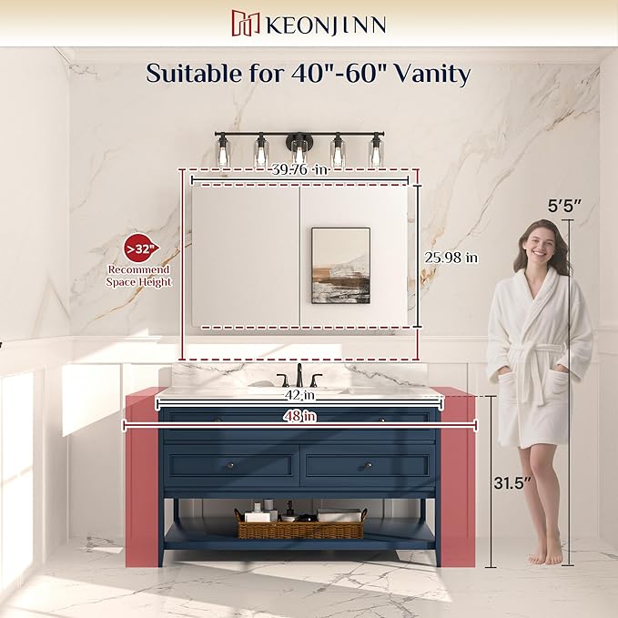 Keonjinn 40 x 26 Inch Medicine Cabinet, Assembly Required, Silver Bathroom Medicine Cabinets Mirror, Lightweight, Adjustable Shelves, Surface Mount or Recessed, Tempered Glass