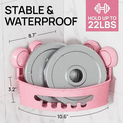 LEVERLOC Corner Shower Caddy Suction Cup, shower shelves suction cup, 2 Pack Basket Powerful Bathroom, Waterproof & Oil-proof Organizer for Kitchen, No-Drilling Removable (Pink)