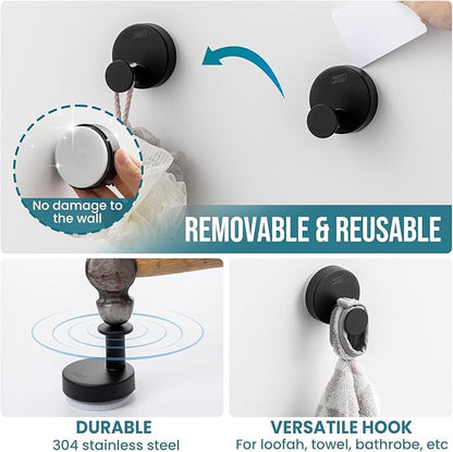 TAILI Stylish 304 Stainless Steel Bathroom Suction Hooks for Towel, Bathrobe, Loofah, No Damage Hanging Glass Shower Wall Hook, Patented Strong Suction Cup Holder, Hold Up to 11 Lbs, O-Cylinder Black