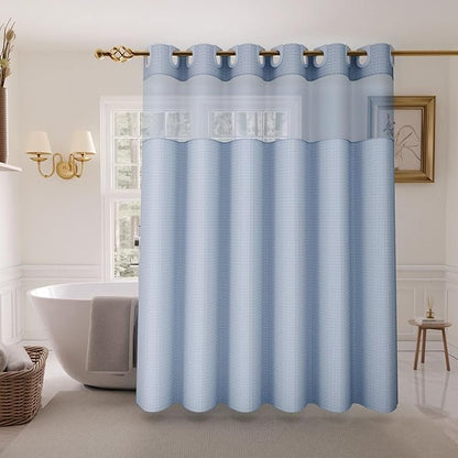 Inhousolu Extra Long No Hook Shower Curtain with Snap in Fabric Liner Set Waffle Weave 230GSM Weighted Hem, Waterproof & Washable Bathroom Curtain Spa Luxury with Mesh Top Window 72"W x 84"L Fog Blue