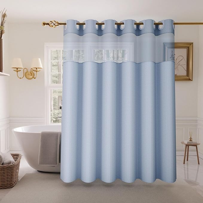 Inhousolu Long No Hook Shower Curtain with Snap in Fabric Liner Set Waffle Weave 230GSM Weighted Hem, Waterproof & Washable Bathroom Curtain Spa Luxury with Mesh Top Window 72" W x 78" L Fog Blue