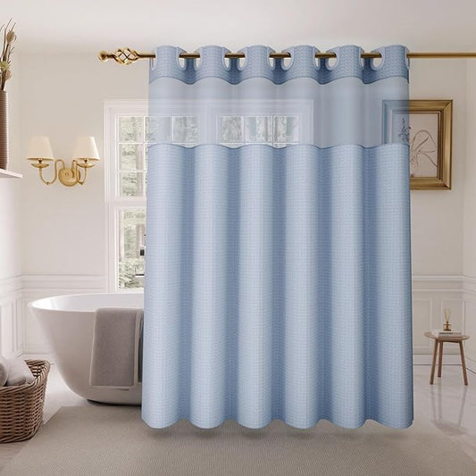 Inhousolu Long No Hook Shower Curtain with Snap in Fabric Liner Set Waffle Weave 230GSM Weighted Hem, Waterproof & Washable Bathroom Curtain Spa Luxury with Mesh Top Window 72" W x 78" L Fog Blue