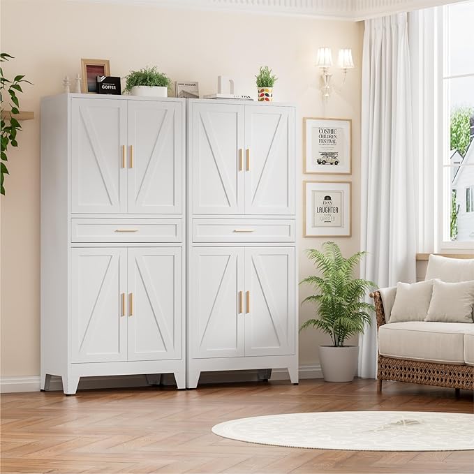 Metal Storage Cabinet with Drawer, 71" Tall Storage Cabinets with Adjustable Shelves, White Farmhouse Freestanding Kitchen Pantry Cabinet for Dining Room, Living Room