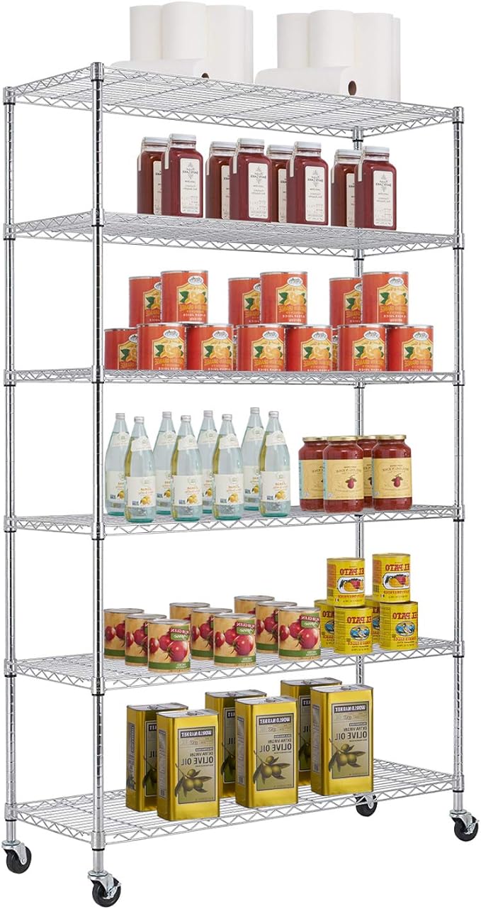 BestOffice | 6-Tier Wire Storage Shelves with Wheels | 18x48x82 | Chrome | Adjustable Racks | Heavy-Duty Metal Shelf, Holds Upto 510 lbs | No-Tool Assembly | Ideal for Home & Garage Shelving