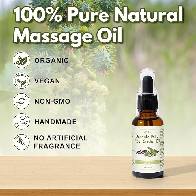 Organic Poke Root Castor Oil – 1 Fl Oz (30ml) Natural Lymphatic Support Massage Oil, Soothing Relief for Cysts, Boils, Breast, Fibroids, Swollen Lymph Nodes & Joint – Deep Tissue Drops